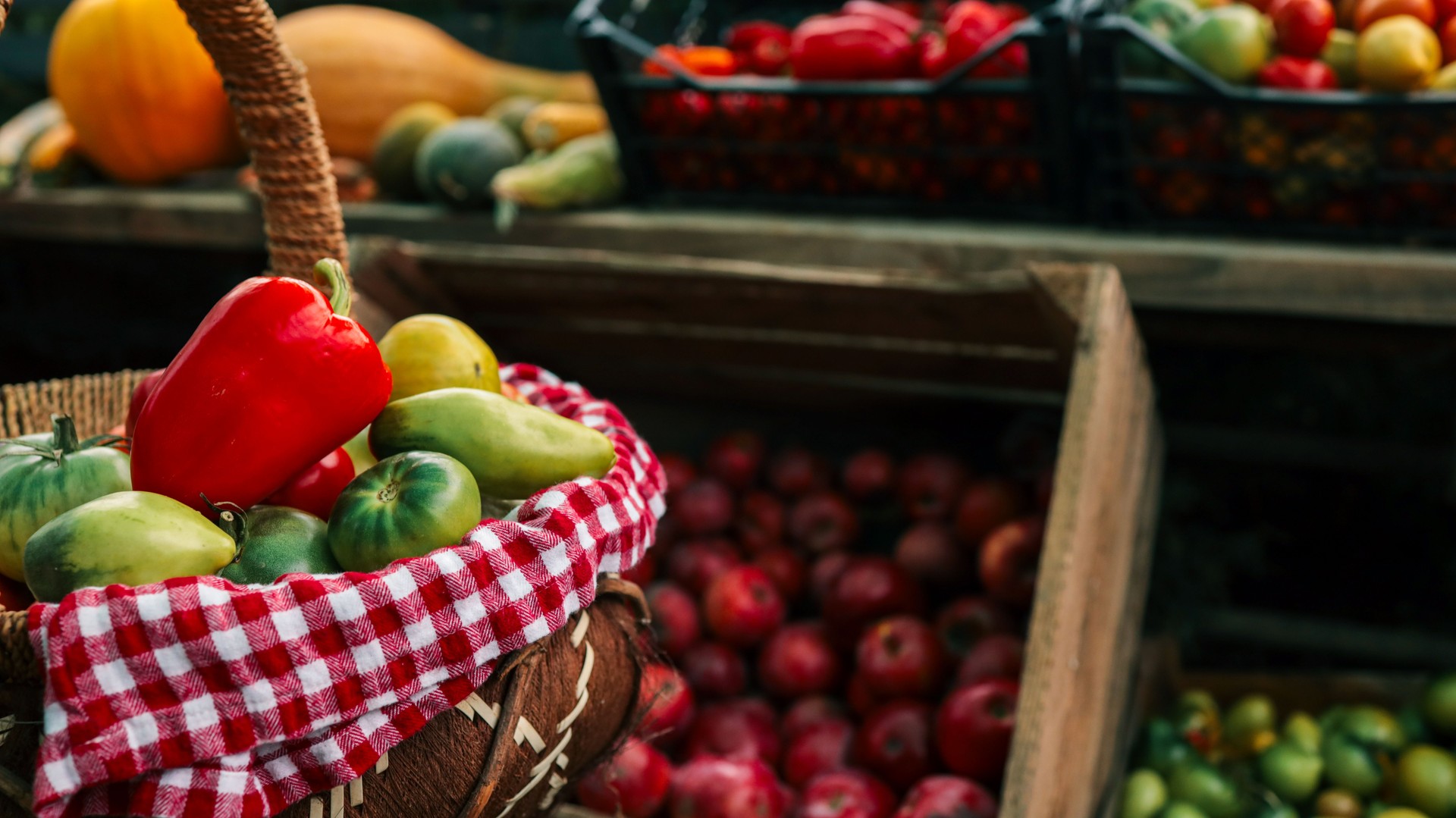 Fresh produce display at a farmers market, showcasing colorful vegetables and fruits.