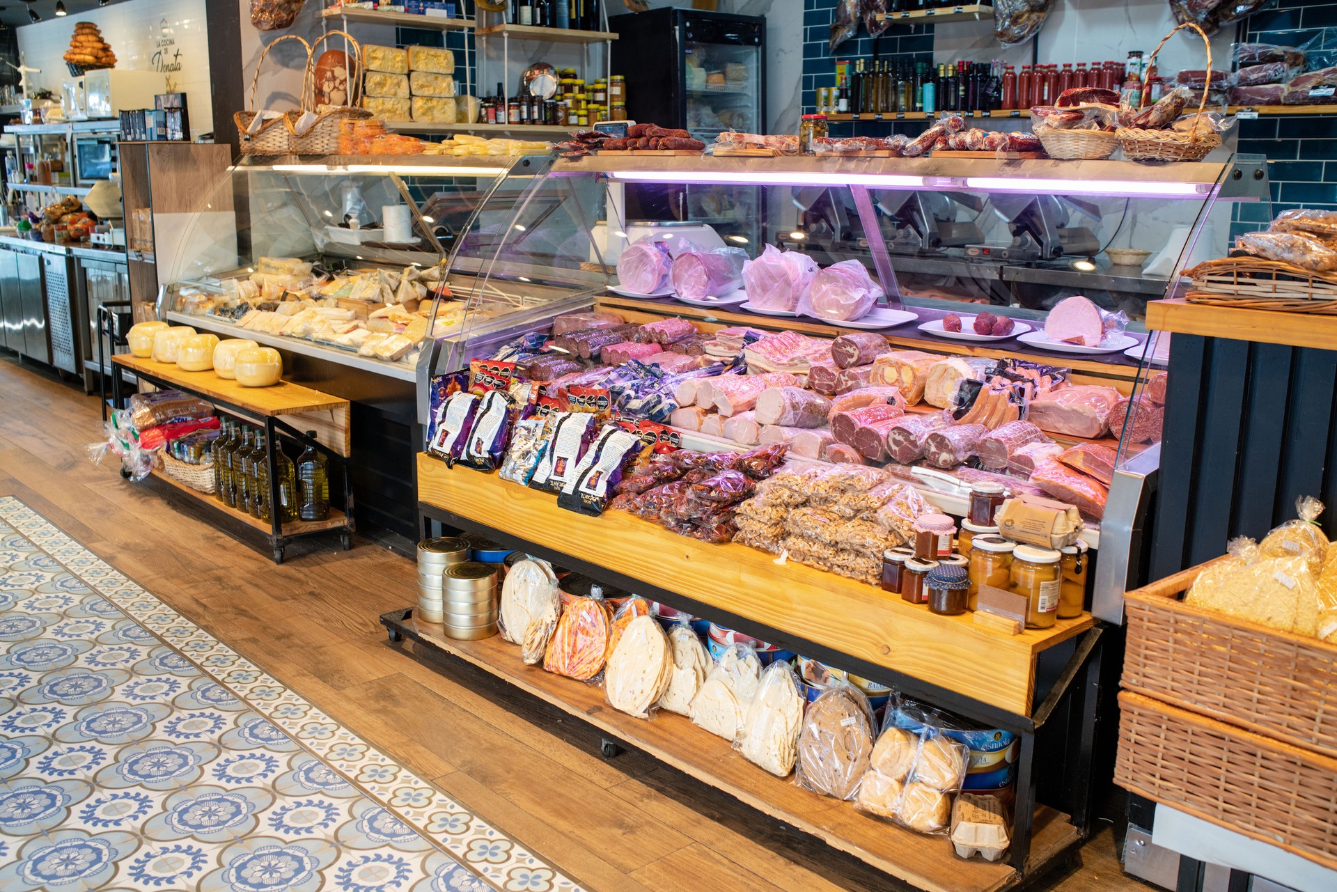 Grocery delicatessen store interior with a variety of food on display