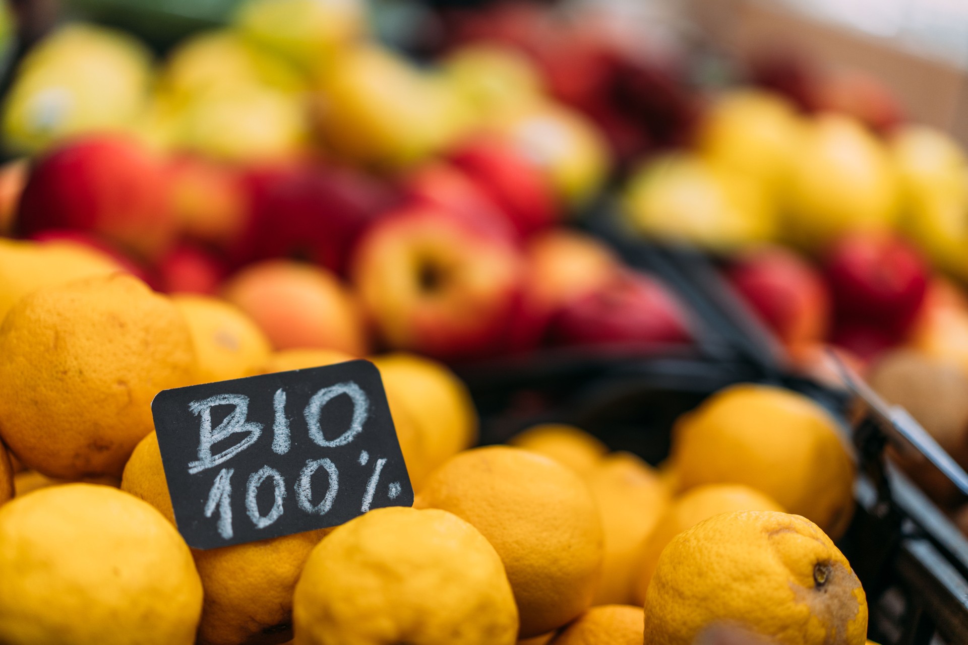 Fruits and vegetables with Bio label.